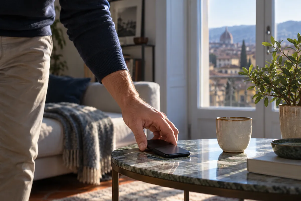 Una persona appoggia il telefono per prendersi una pausa
