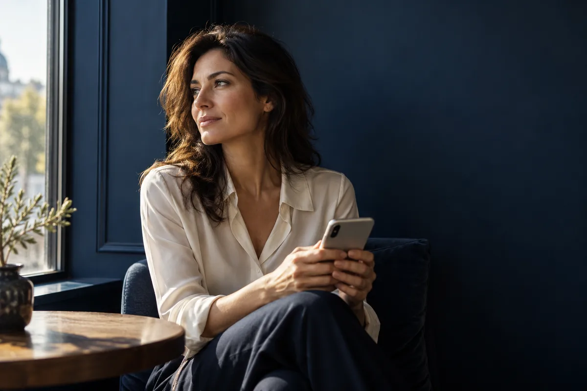 Una donna riflette tenendo il proprio telefono