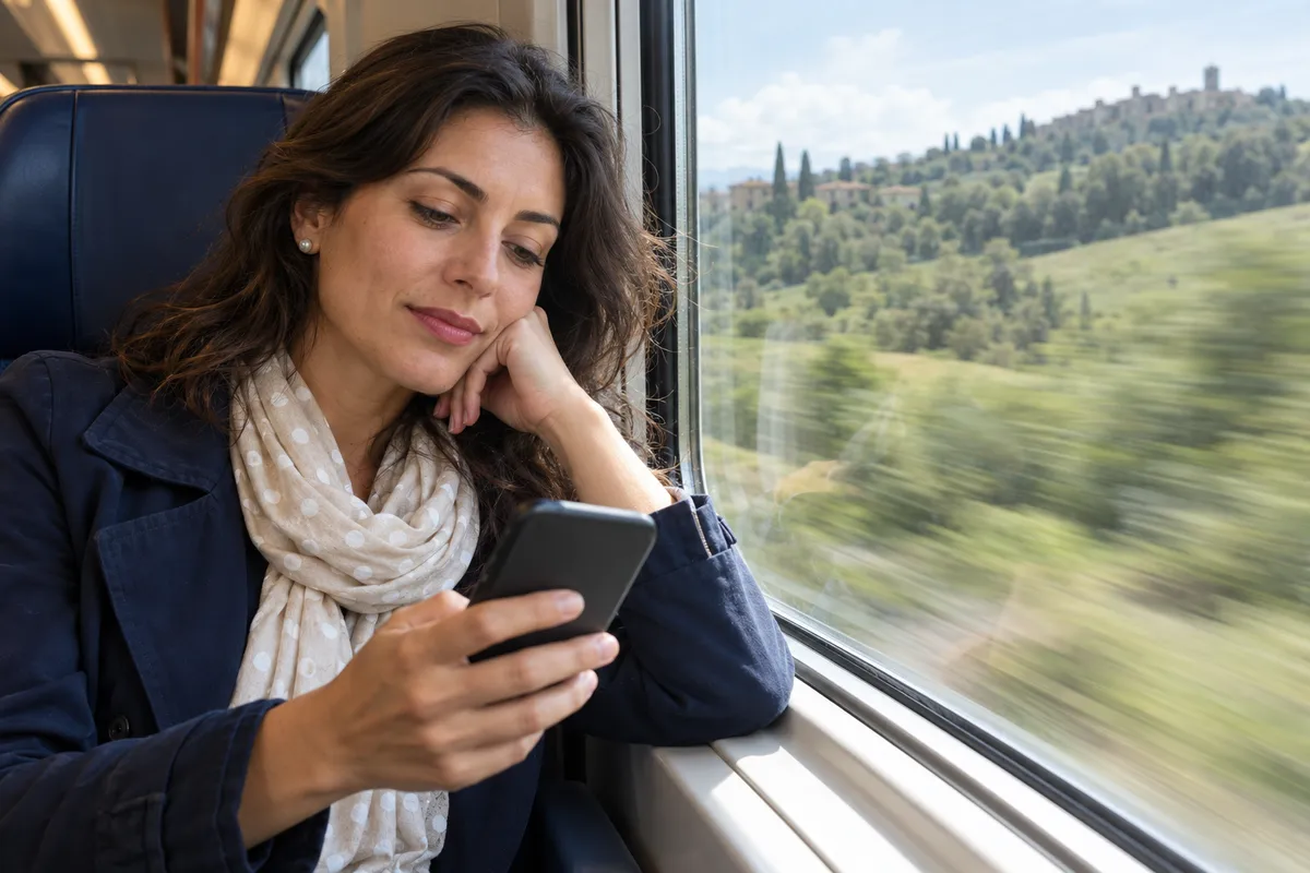 Una viaggiatrice usa il proprio telefono vicino al finestrino